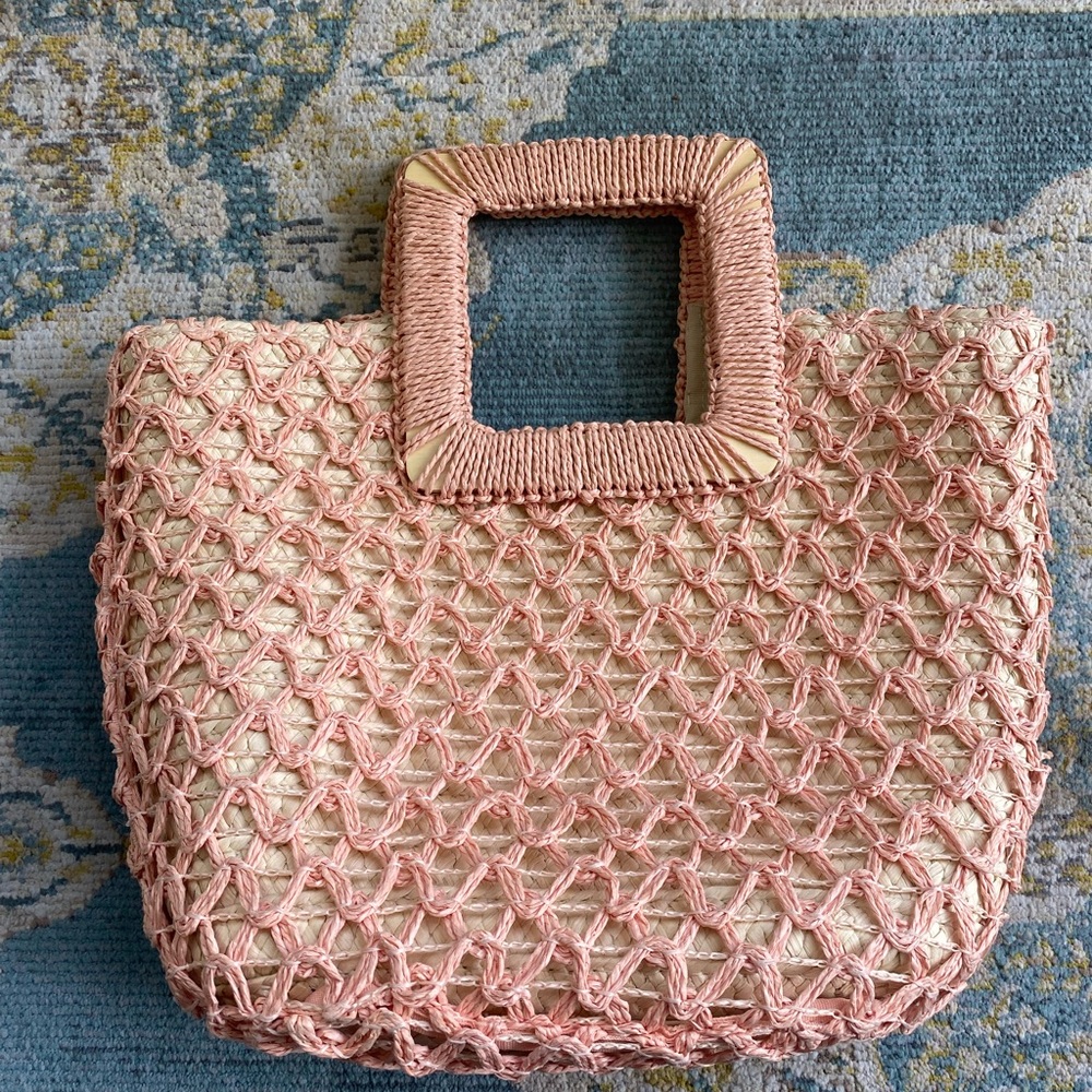 Elegant Pink and Gold Woven Tote with Intricate Design